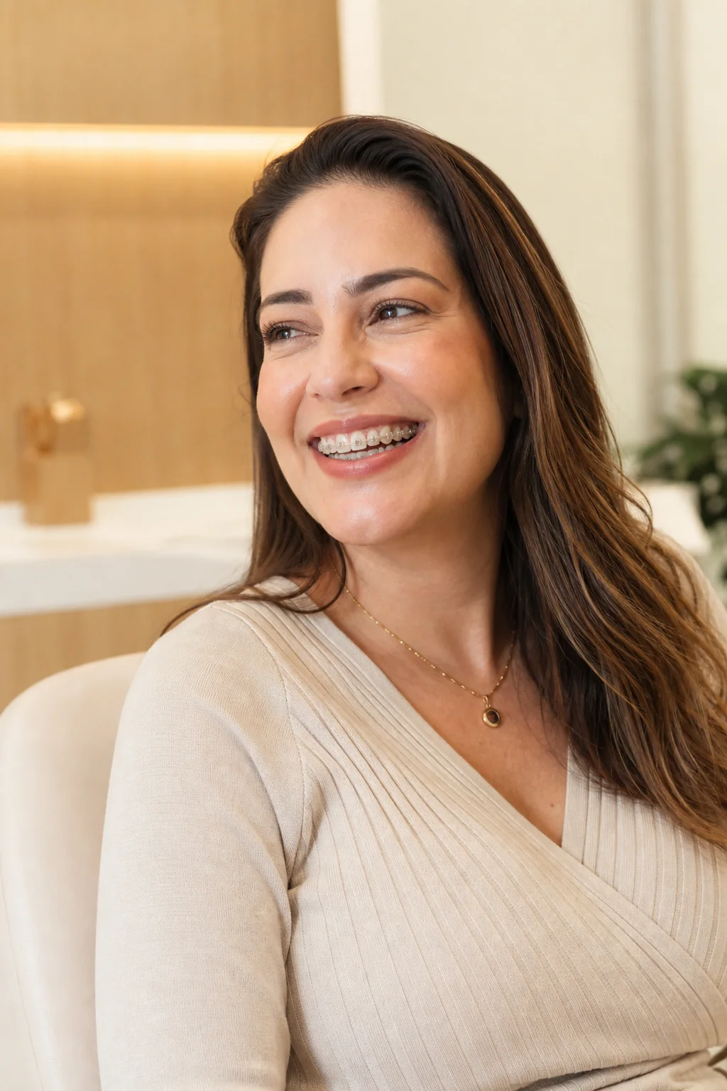 Paciente adulta sorrindo com aparelho estético discreto
